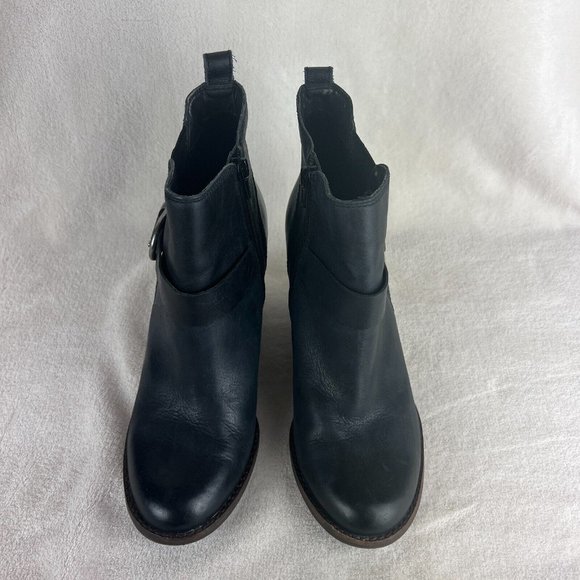 Lucky Brand Yishi Ankle Booties 8.5 Black Leather Stacked Wedge Zip Buck… - Picture 6 of 12